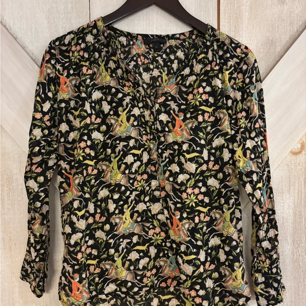 J. Crew Black Floral Blouse with Orange and Green Accents